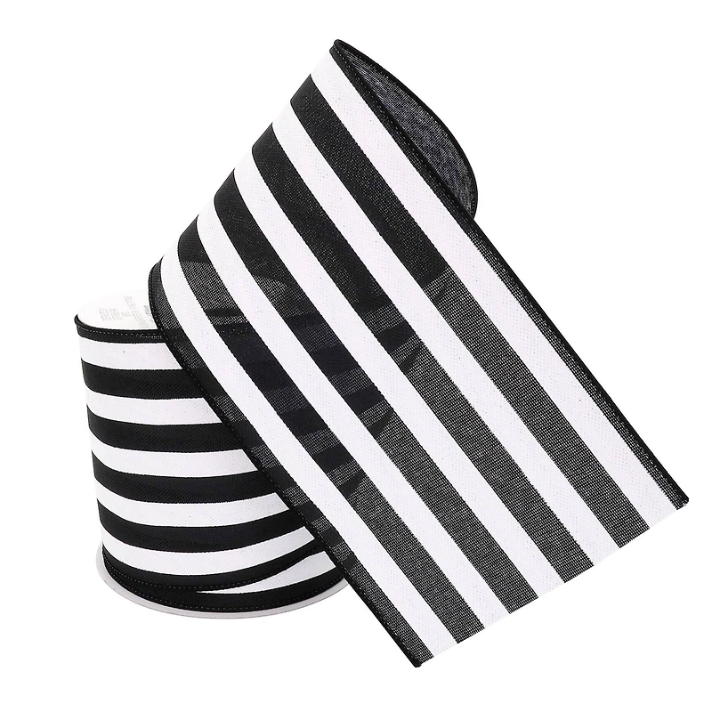 4" x 18ft. Faux Linen Wired Black & White Stripe Ribbon by Celebrate It™