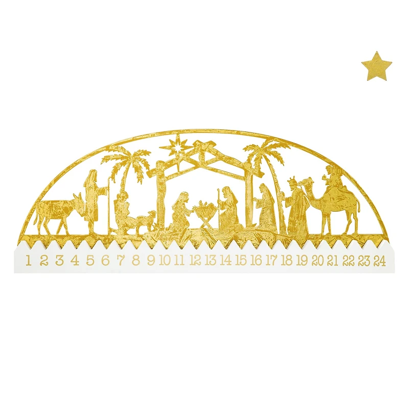 Glitzhome® 23.5" Wooden & Metal Gold Foil Nativity Countdown Calendar Décor