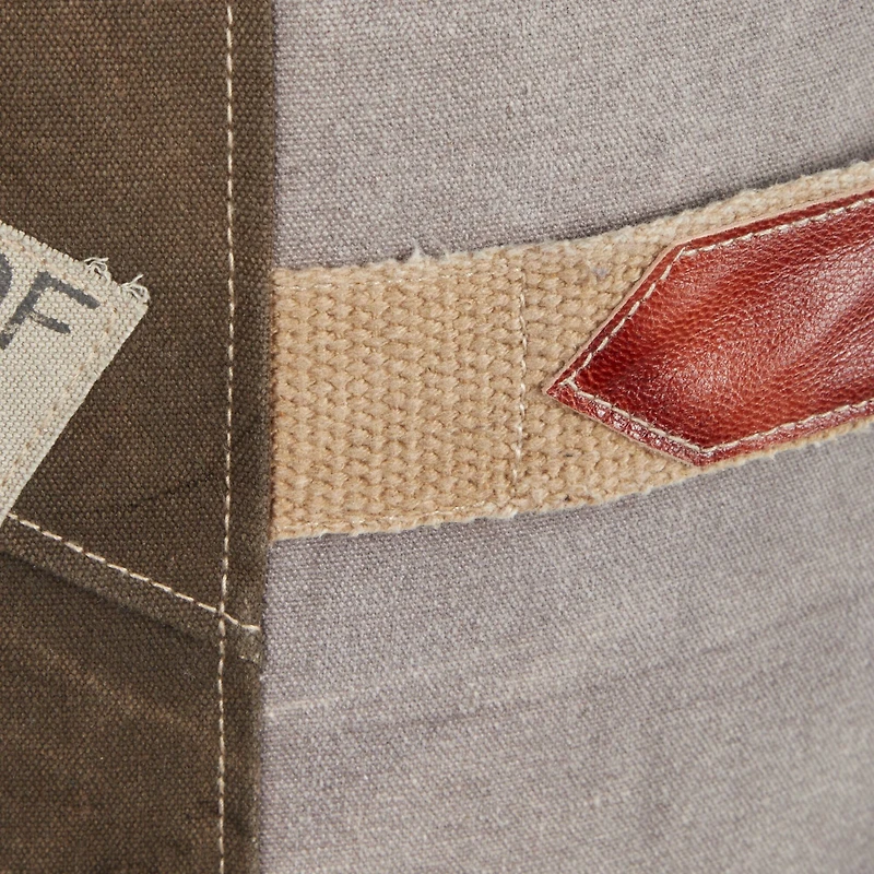 Brown Canvas and Leather Rustic Pouf, 19" x 17" x 17"