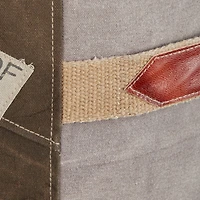 Brown Canvas and Leather Rustic Pouf, 19" x 17" x 17"