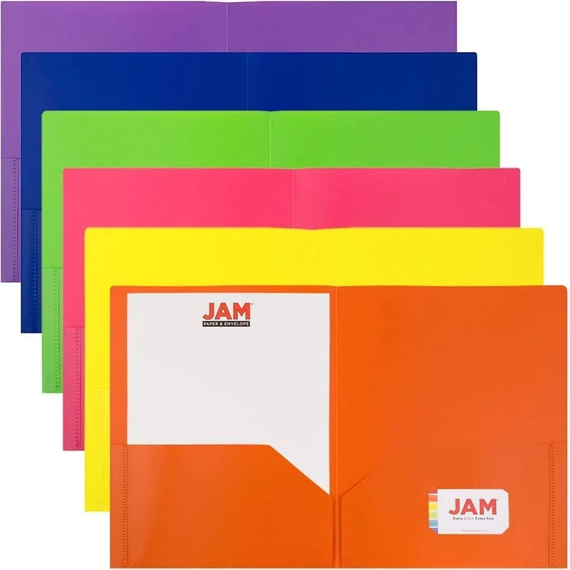 JAM Paper 9.5" x 11.5" Assorted Plastic 2 Pocket POP Folders, 6ct.
