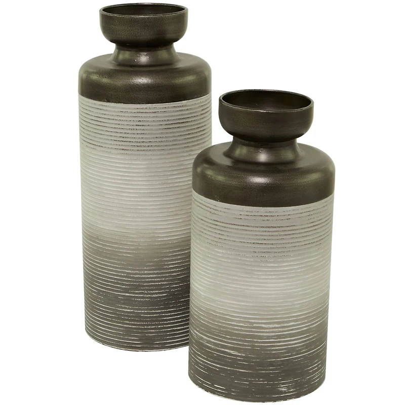 Bronze Metal Vase with Embossed Ribbing Set of 2 16", 13"