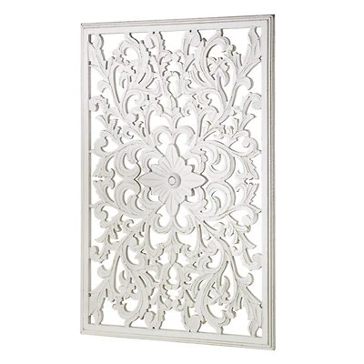 American Art Décor™ 36" Hand-Carved Distressed White Floral Wood Wall Medallion