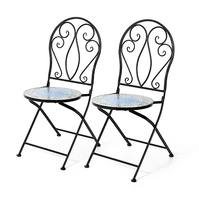 Glitzhome® 36.5" Green Outdoor Metal Folding Bistro Chairs with Ceramic Tiles Seat, 2ct.