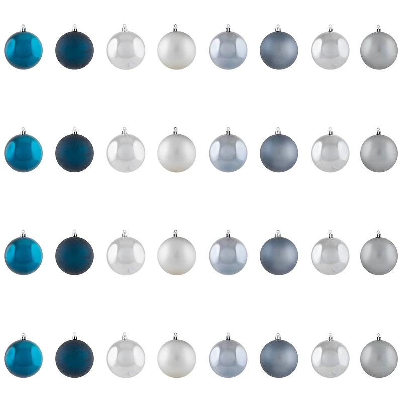 Shatterproof 2-Finish Christmas Ball Ornaments - 3.25" (80mm) - Blue and Silver - 32ct