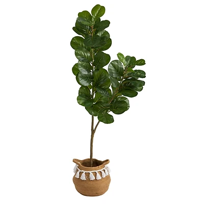 4.5ft. Fiddle Leaf Fig Artificial Tree with Boho Chic Handmade Natural Cotton Woven Planter with Tassels