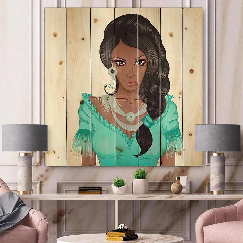 Designart - Portrait Of African American Woman XVI - Modern Print on Natural Pine Wood