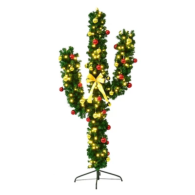 Costway 6ft. Pre-Lit Cactus Artificial Christmas Tree, Warm White LED Lights & Ball Ornaments