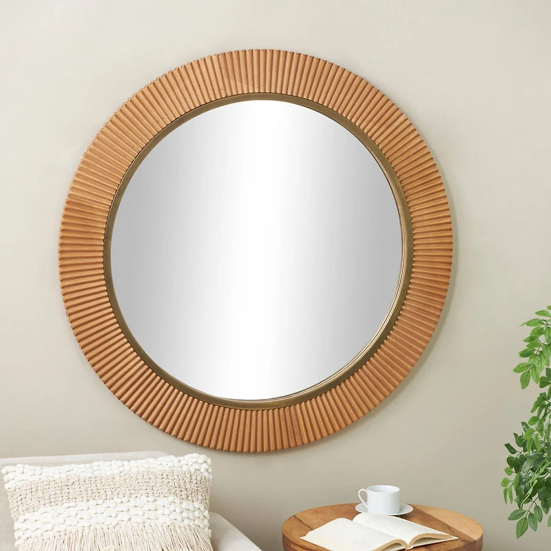  43" Brown Wood  Fluted Room Wall Mirror with Scalloped Edge