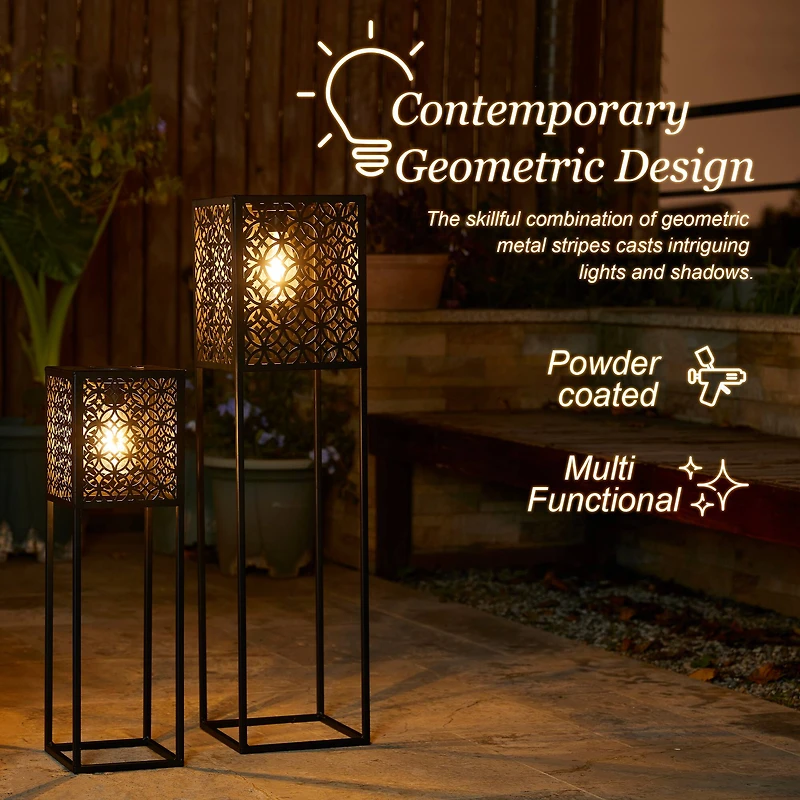 Glitzhome® Black Metal Cutout Pattern Solar Powered Outdoor Floor Lanterns Set