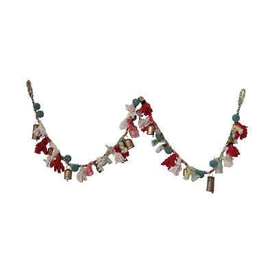Hello Honey 6ft. Multicolor Handmade Wool & Cotton Blend Garland with Pom Poms & Antique Gold Metal Bells