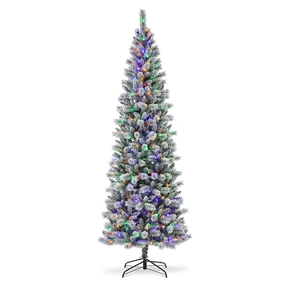 9ft. Pre-Lit Flocked Pine Pencil Artificial Christmas Tree, Multicolor LED Lights