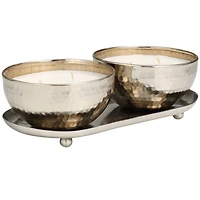 White Wax Vanilla Marshmallow Scented Candle Set with Silver Hammered Containers and Oval Holding Tray