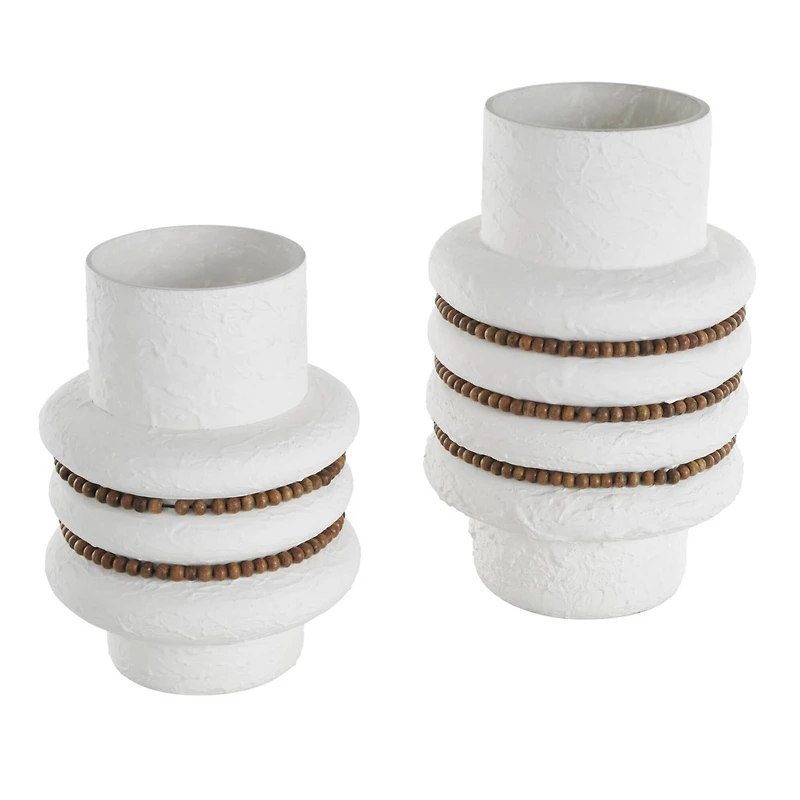 White Glass Textured Decorative Vase with Brown Wood Beaded Stripes Set