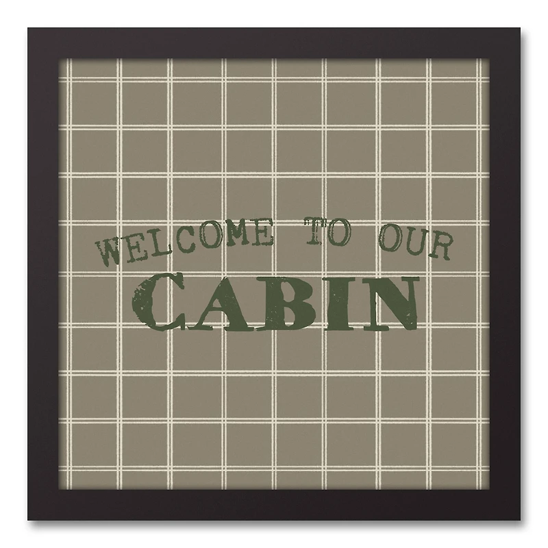 Welcome To Our Cabin Taupe and White Check Canvas Wall Art in Black Frame