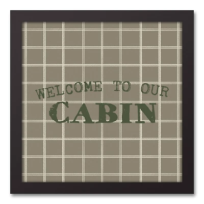 Welcome To Our Cabin Taupe and White Check Canvas Wall Art in Black Frame
