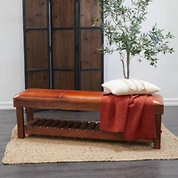 61" Brown Leather Bench with Slatted Lower Shelf