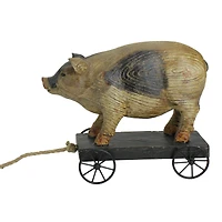 10" Black & White Wood Textured Pig on Cart Garden Statue
