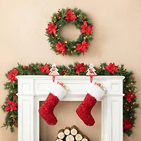 Glitzhome® 9ft. Pre-Lit Greenery Pine Poinsettia and Berries Christmas Garland with LED Lights and Timer
