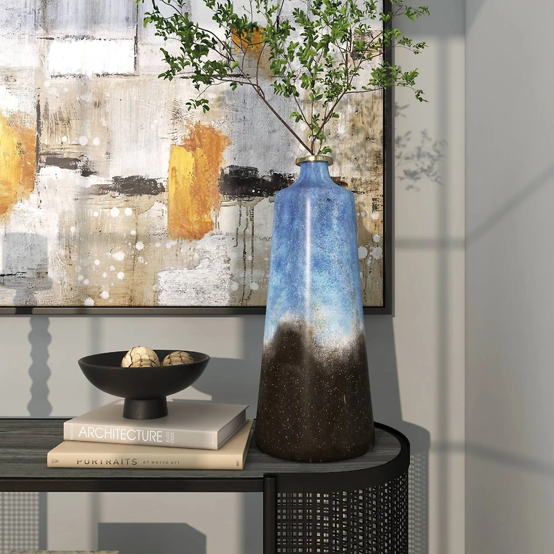 20" Blue Glass Galaxy Inspired Abstract Vase with Gold Top