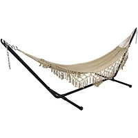 78" x 31" Natural Brown Macramé Hammock with Patterned Tassels