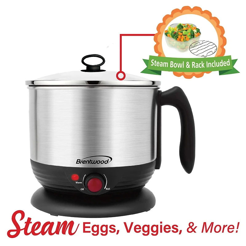 Brentwood Black 1.3qt. 600 Watt Stainless Steel Cordless Electric Hot Pot Cooker & Food Steamer With Swivel Base