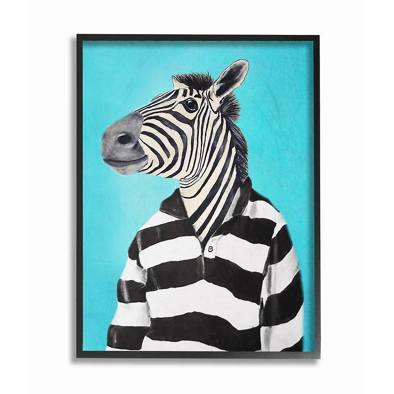 Stupell Industries Zebra In A Striped Shirt Portrait in Black Frame Wall Art