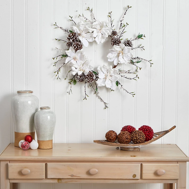 24" Snowed Magnolia & Pinecone Wreath