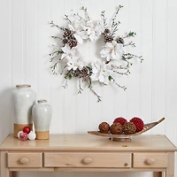 24" Snowed Magnolia & Pinecone Wreath