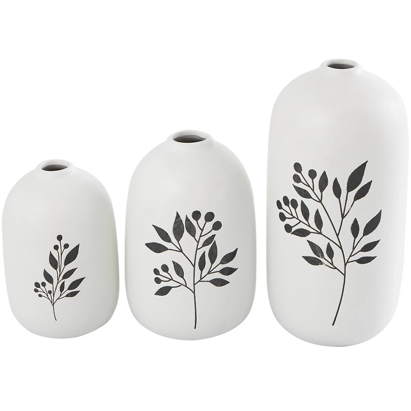 White Ceramic Vase with Black Leaf & Berry Prints Set