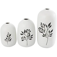 White Ceramic Vase with Black Leaf & Berry Prints Set