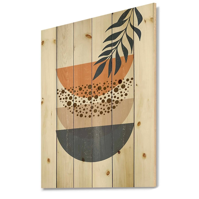 Designart - Abstract Geometrical Sun and Moon With Leaf IV - Modern Print on Natural Pine Wood