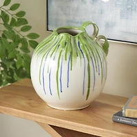 10.5" White Ceramic Vase with Green & Blue Drip Design & Handles