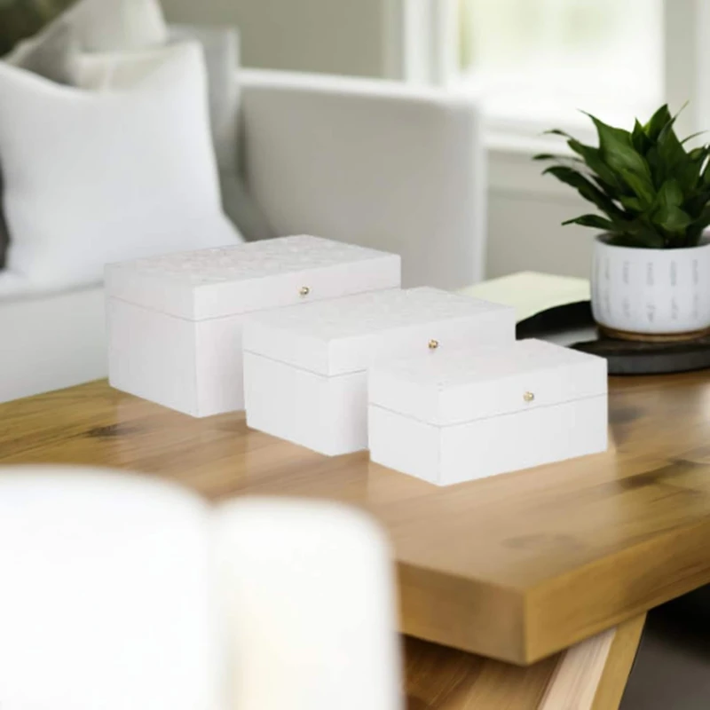 Novogratz White Wood Intricate Carved Box with Hinged Lid Set