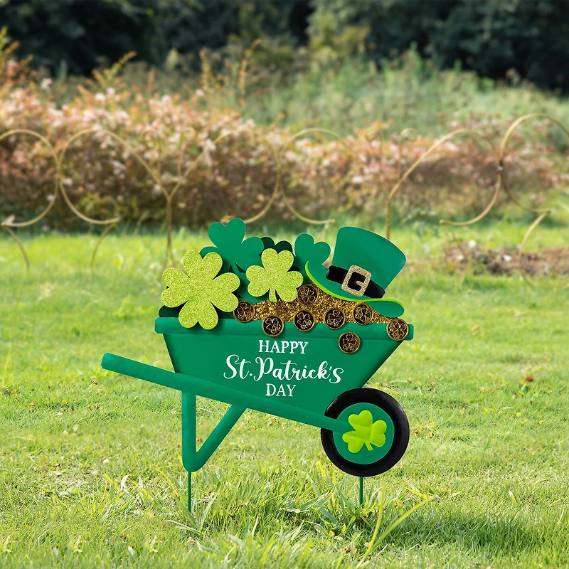 Glitzhome® 24" St. Patrick's Metal Shamrocks Wagon Yard Stake