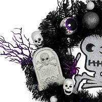 24'' Unlit Purple and Black Spooky Skeleton Pine Halloween Wreath