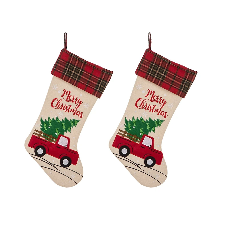 Glitzhome® 21" Red Truck Embroidered Linen Stocking, Set Of 2