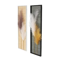 Brown Wood Leaf Handmade 3D Pampas Stem Wall Decor with Beaded Frame, Set of 2