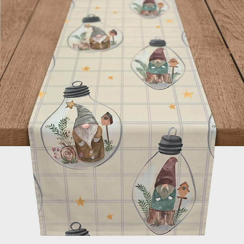 90" Cream & Check Gnome Globe Pattern Cotton Twill Runner