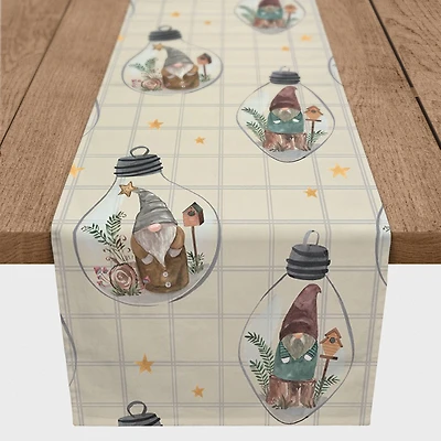 90" Cream & Check Gnome Globe Pattern Cotton Twill Runner