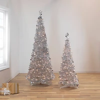 6ft. Pre-Lit Silver Tinsel Pop-Up Artificial Christmas Tree, Clear Lights