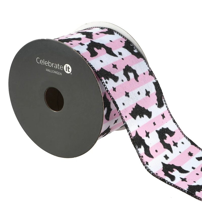 2.5" x 20ft. Glitter Bats on Pink Stripes Wired Ribbon by Celebrate It® Halloween