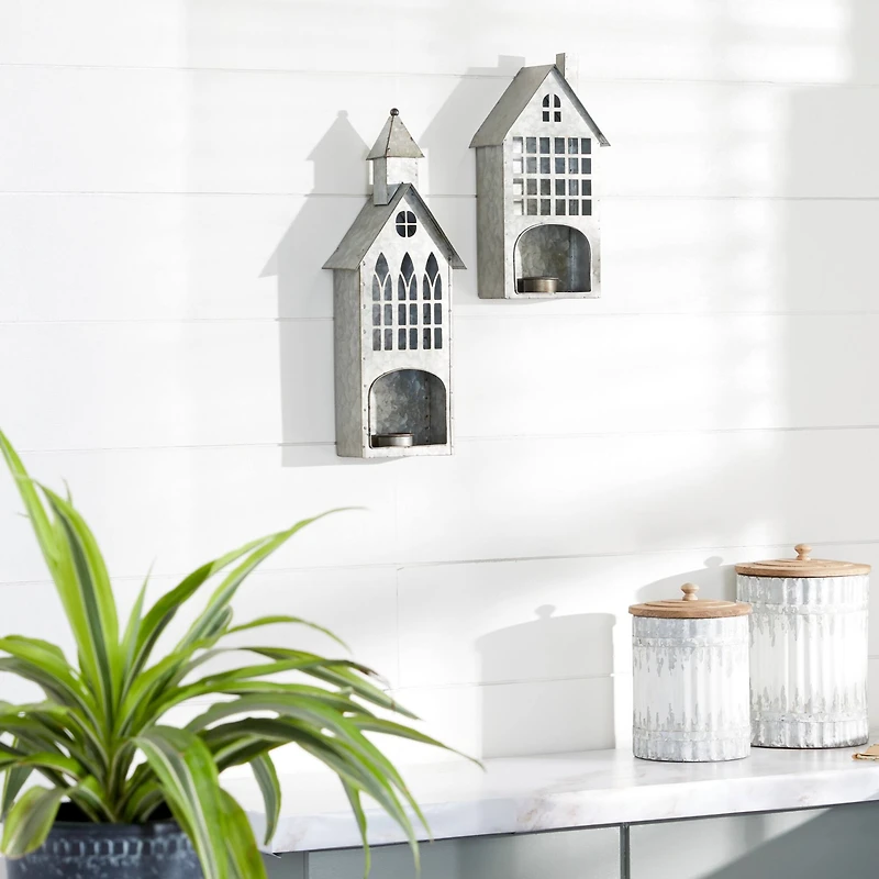 Set of 2 Grey Metal Farmhouse Candle Holder, 13", 18"