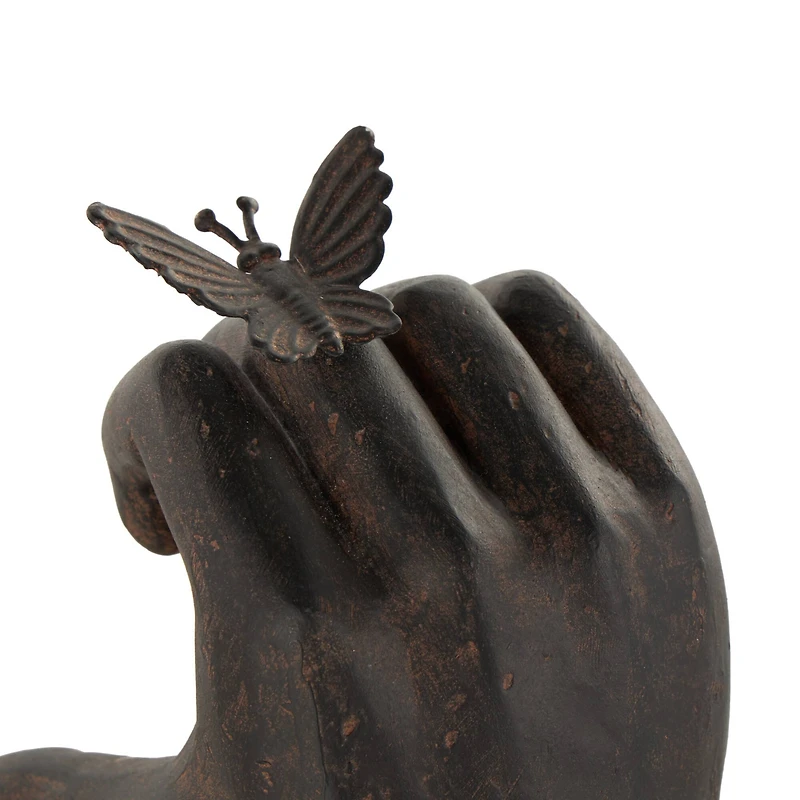 7.5" Dark Brown Hands Heart Inspired Decorative Bookend Set with Butterfly & Copper Accents