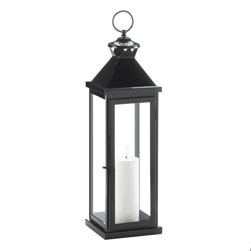 20.5" Glossy Black Iron & Glass Lantern