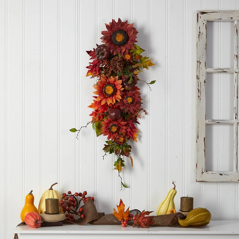 35" Sunflower, Pumpkin & Berries Autumn Teardrop Swag