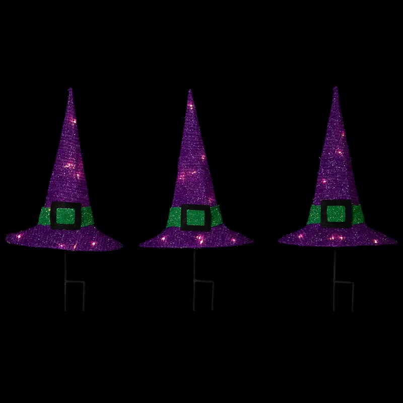 14" LED Lighted Purple Witches Hat Outdoor Halloween Pathway Markers, 3ct.