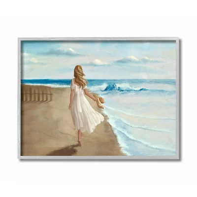 Stupell Industries Walk On The Beach Blue Ocean Painting in Gray Frame Wall Art