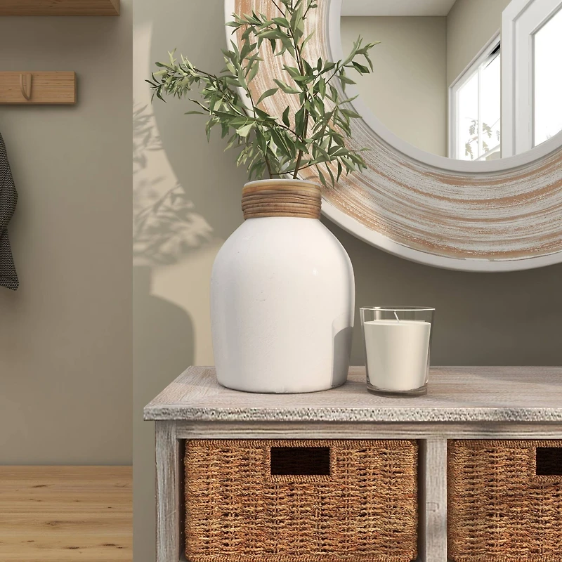 11" White Ceramic Vase with Wrapped Rattan Detailing