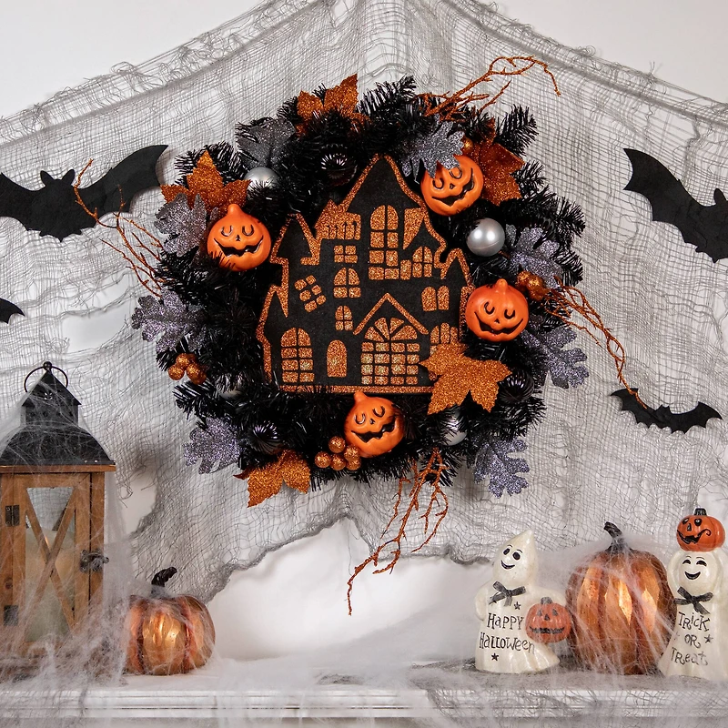 24'' Unlit Orange and Black Haunted House Halloween Wreath